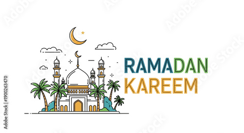 Ramadan Kareem Mosque Illustration with Crescent Moon.