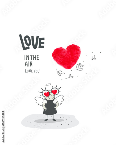 Vector cartoon sketch of Angel looks at the world through glasses with love. Angels advise creating a seed of love. Concept of philanthropy and support. Happy valentine's day postcard.