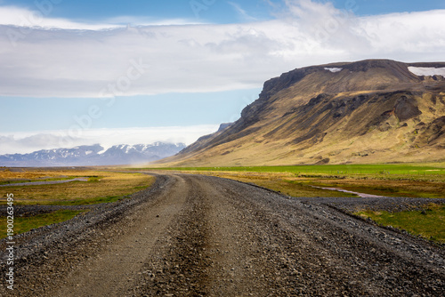 Gravel track of F249 road winding through the Thorsmork valley landscape, Iceland
