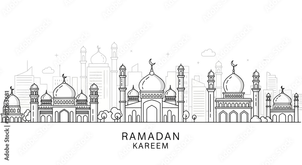 Obraz premium Ramadan Kareem Islamic Mosque Skyline Illustration.