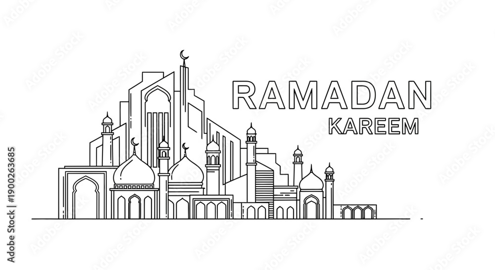 Naklejka premium Ramadan Kareem Islamic City Skyline Illustration.