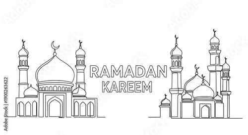 Ramadan Kareem greeting with two mosques in continuous line art style.