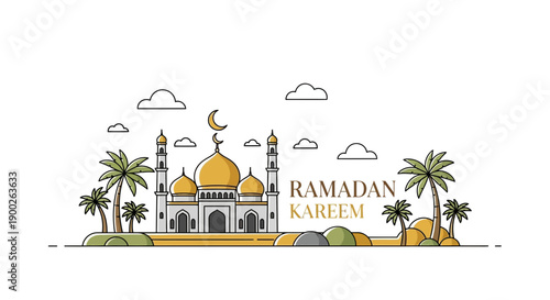 Ramadan Kareem Mosque with Palm Trees and Crescent Moon.