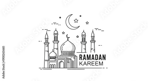 Ramadan Kareem greeting with mosque and crescent moon line art.