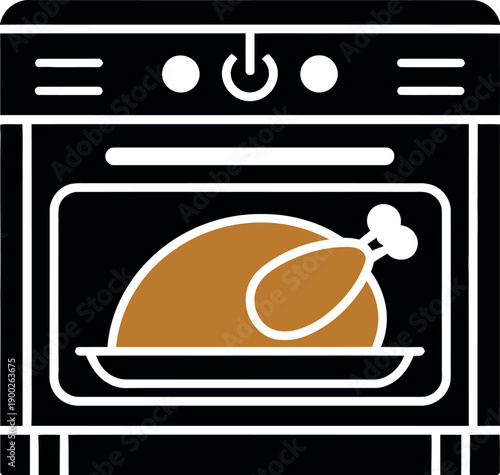 A graphic illustration of a roasted turkey cooking in a modern oven.