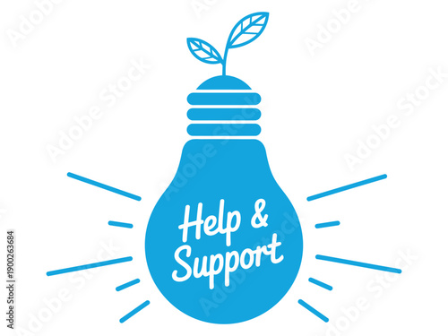 A blue light bulb with a plant growing out of it and the words 'Help & Support' written on it.