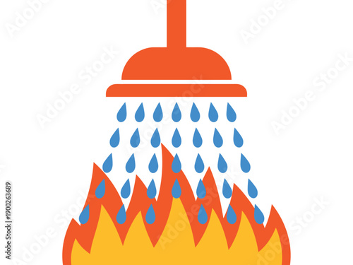 A shower head with water droplets pouring down on flames, symbolizing relief and cooling down.