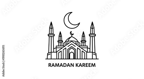 Ramadan Kareem Mosque and Crescent Moon Line Art Illustration.
