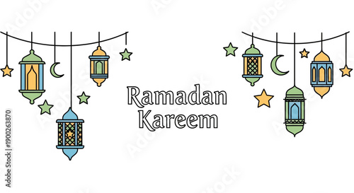 Ramadan Kareem Islamic Lanterns and Crescent Moon Decorations.