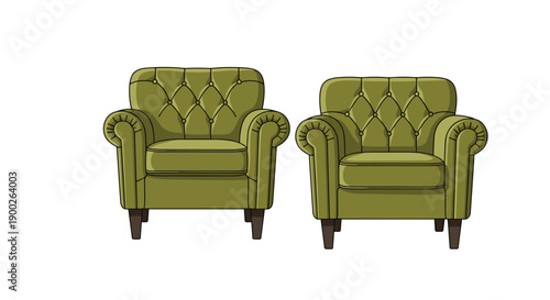 Pair of classic elegant green upholstered armchairs featuring traditional tufted button details and wooden legs.