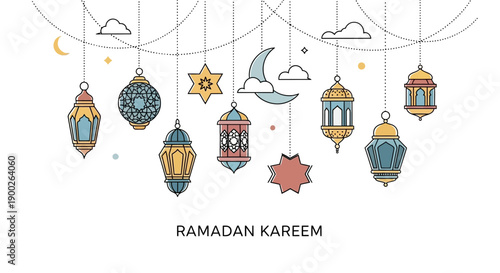 Ramadan Kareem Islamic Lanterns Crescent Moon Clouds Festive Decorations.