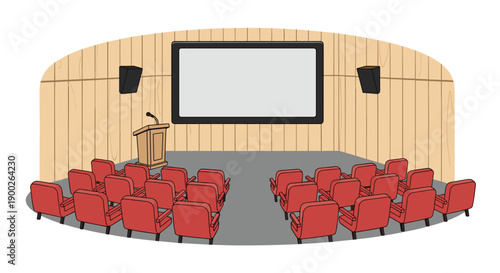 Empty modern auditorium or conference room featuring rows of red seats, a large screen, podium, and speakers.