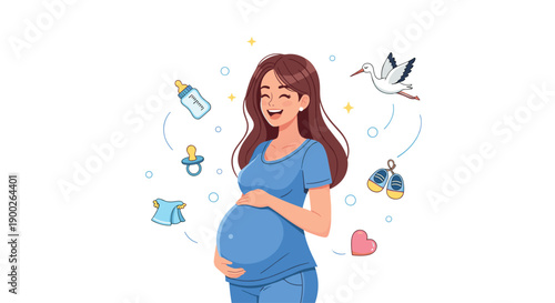 Joyful pregnant woman glowing with happiness, surrounded by charming floating baby essentials like a stork and pacifier.