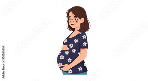 Cheerful pregnant woman with glasses, gently touching her baby belly, wearing a lovely floral pattern shirt.