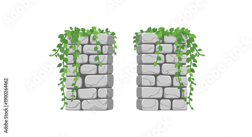 Two sturdy ancient stone pillars adorned with vibrant green ivy, suggesting rustic charm and natural growth.