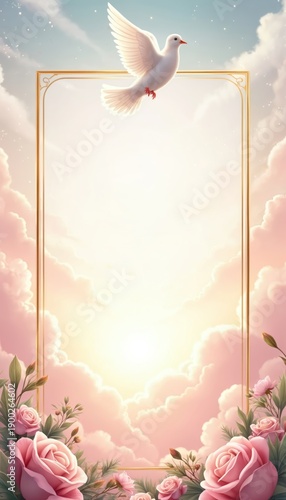 White dove flies in pastel sky among clouds and roses. Elegant golden frame for sympathy messages, funeral, memorial, or remembrance notices. Peaceful and gentle design.