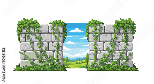 Ancient stone wall with a picturesque opening revealing a vibrant green landscape and blue sky, draped with lush ivy.