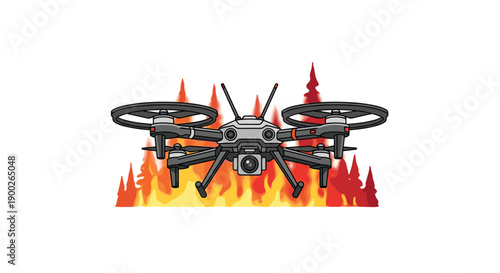 High-tech surveillance drone operating in front of a raging forest fire, illustrating wildfire monitoring and