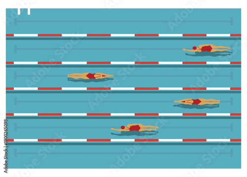 Top view of swimmers moving in separate swimming lanes during a competition. Professional pool sport concept, flat minimalist illustration.