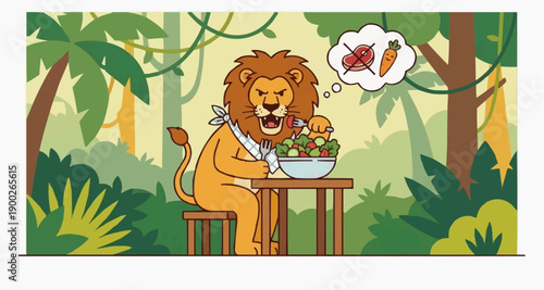 Lion Eating Salad Bowl Vector Illustration - Vegetarian Diet Concept