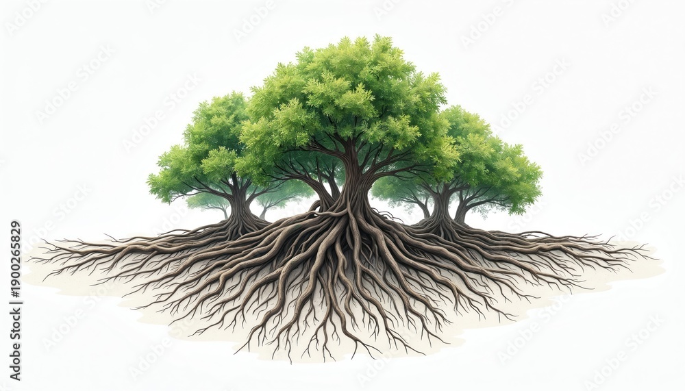Fototapeta premium Detailed illustration of interconnected tree roots spreading wide. Green canopy tops multiple ancient trees creating dense forest look. Clean white background isolates natural elements for