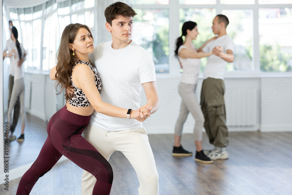Fototapeta premium Smiling young woman and her partner successfully perform mesmerizing movements of paso doble dance during dance training