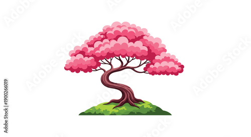 Beautiful Pink Cherry Blossom Bonsai Tree Growing on a Grassy Mound in Serene Japanese Garden Style