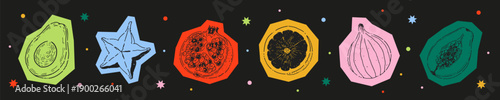 Paper-cut style exotic fruit collection. Hand-drawn tropical set with avocado, carambola, and pomegranate on dark background. Trendy vector illustration.