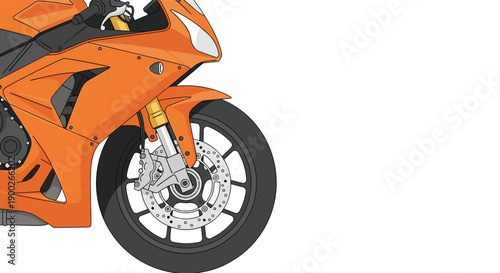 Sleek Orange Sport Motorcycle Showcasing Front Wheel and Engine Details with Modern Dynamic Design Element