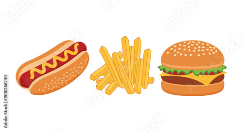 Classic American Fast Food Trio Featuring a Delicious Hot Dog, Crispy Fries, and Juicy Hamburger