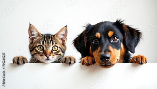Tabby cat and black dog peek over white surface. Animals look at camera with curiosity. They appear friendly and cute, ready for adoption or playtime. These pets are domestic companions.