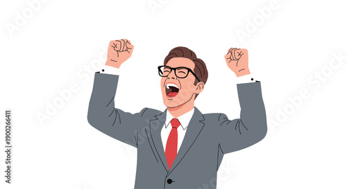 Exuberant Businessman with Glasses Raising Fists in Triumph, Yelling in Excitement After Achieving Success