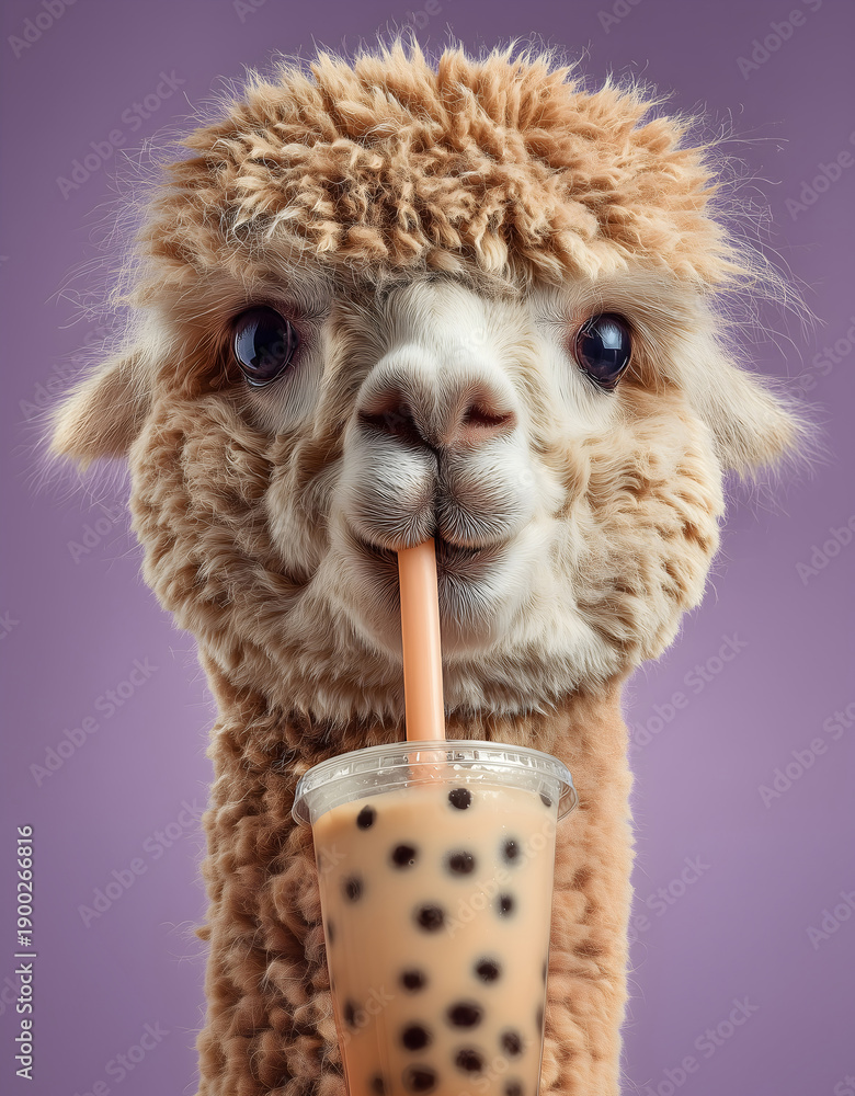Fototapeta premium Fluffy Alpaca Portrait Drinking Boba Bubble Tea