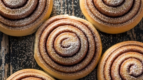 Deliciously baked cinnamon swirl pastries with a doughy texture dusted with powdered sugar