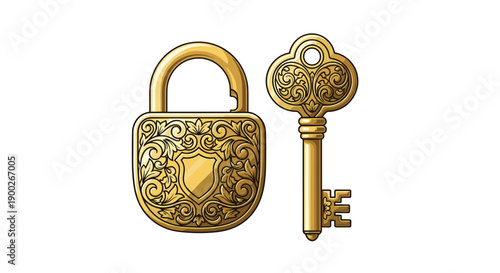 Luxurious Gold Ornate Padlock and Matching Decorative Skeleton Key Symbolizing Security and Elegance