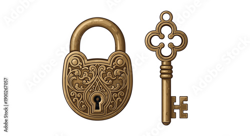 Vintage Bronze Ornate Padlock and Intricate Skeleton Key Representing Hidden Secrets and Classic Design