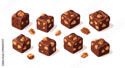Delicious Square Chocolate Brownies Topped with Crunchy Walnuts Scattered Isometric Style on White