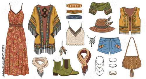 Extensive Collection of Boho Chic Clothing and Accessories Showcasing Free-Spirited Fashion and Earthy Tones