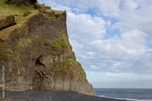 Hexagonal basalt columns at Halsanefshellir Cave on Reynisfjara Black Sand Beach, Iceland