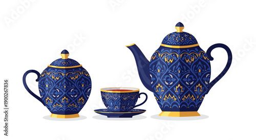 Luxurious blue and gold tea set featuring a teapot, lidded sugar bowl, and teacup with saucer, showcasing elegant