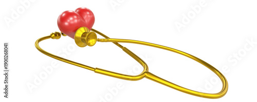 High-quality 3D vector of a golden stethoscope combined with a red heart symbol, representing healthcare, cardiology, medical care, love and patient support. Isolated with a clean and modern look. 