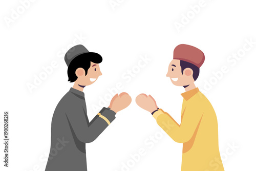 Two smiling Muslim men in traditional clothing and peci hats greeting each other during a celebration.