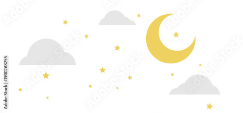 A simple flat illustration of a night sky with a yellow crescent moon, stars, and light grey clouds.