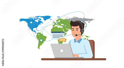 Customer service agent at a laptop with a world map background, illustrating global online support and international