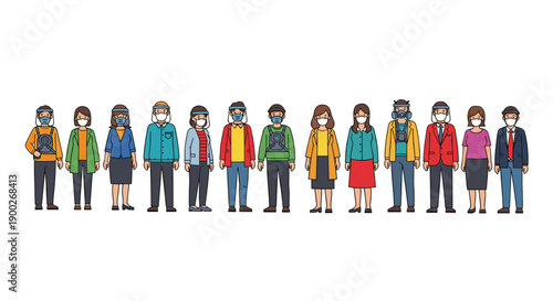 Diverse group of people standing in a line, uniformly wearing face masks and some protective face shields.