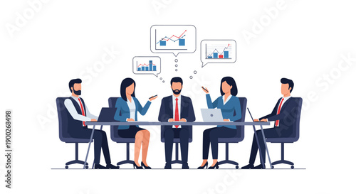 Five business professionals engaged in a corporate meeting around a table, discussing strategies with financial graphs.