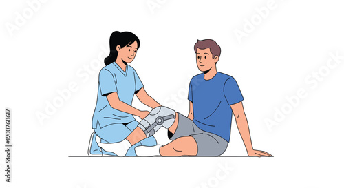 Female physiotherapist assisting a male patient with a knee brace during rehabilitation exercises on the floor.