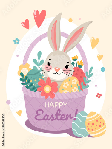 Cute Easter Bunny in Basket with Eggs – Happy Easter Greeting Card Illustration
