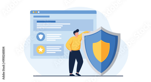 Man leaning confidently on a large blue and yellow shield, adjacent to a web browser interface, symbolizing web