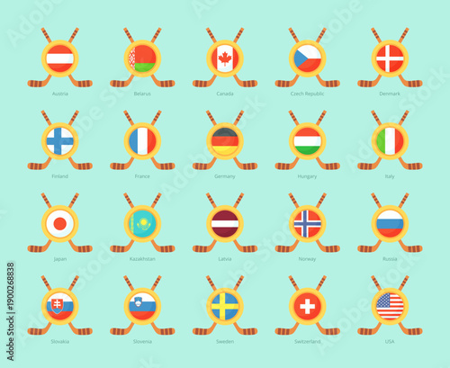 Universal symbol for international hockey tournament and teams. Emblems contain flags and crossed hockey sticks.